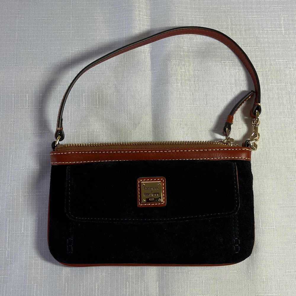 Dooney & Bourke Suede Pocket Wristlet Clutch navy blue with brown leather trim